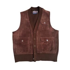 Vintage Mens Cimone Brown Suede Vest with Ribbed Knit Back, M